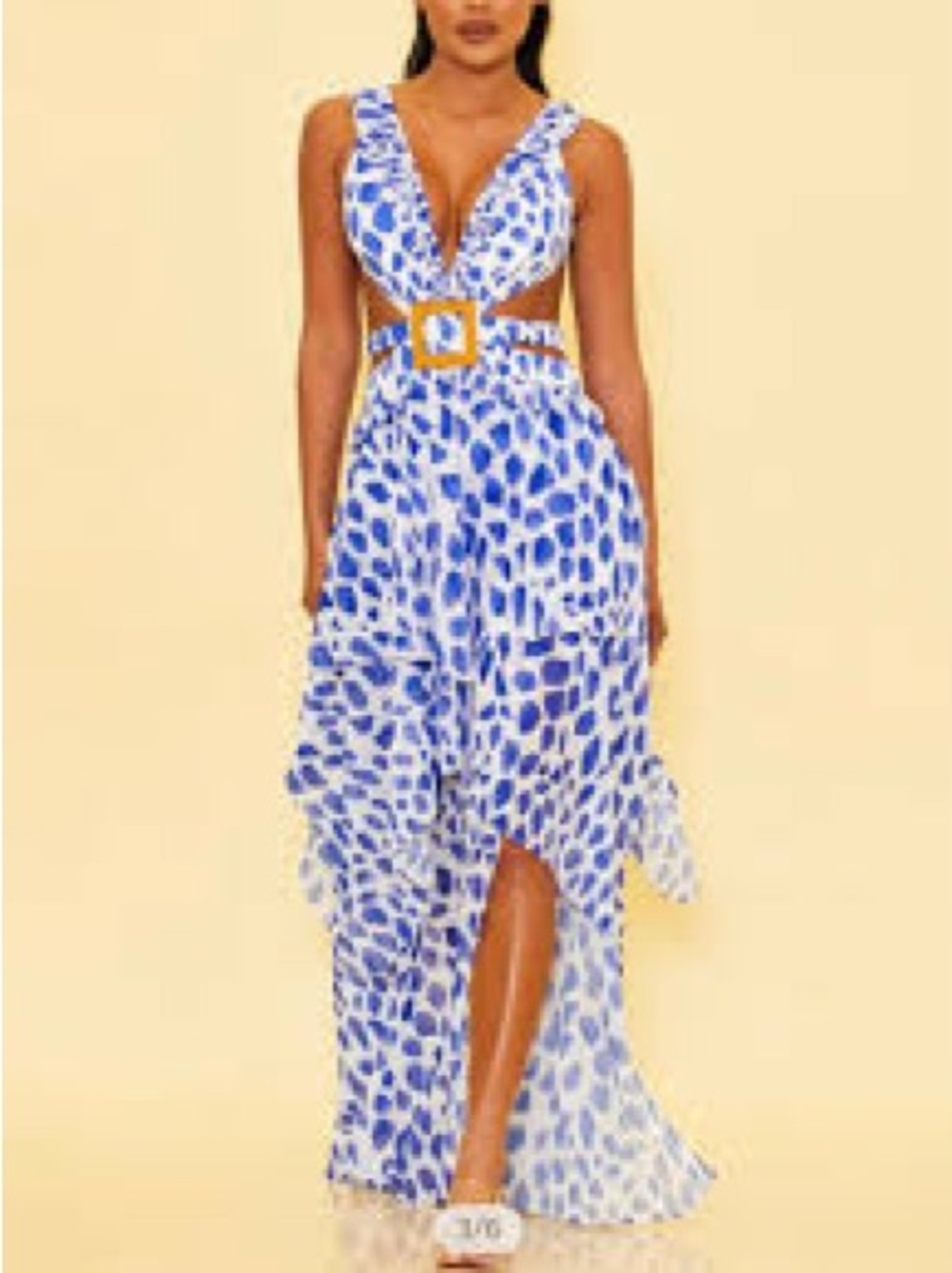 Luxxel Blue and White Printed Maxi Dress with Cutouts and Buckle